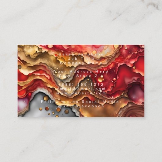 赤白と金ゴールド大理石アルコールインク 名刺 (裏面)