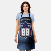 赤白と青のアメリカンフットボールのチームスポーツ エプロン (着用した状態)