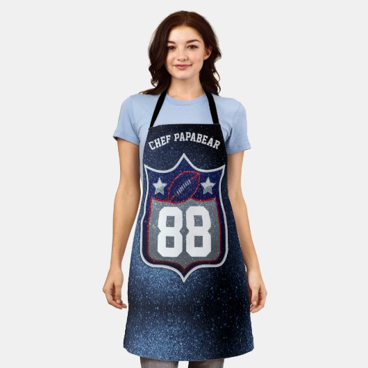 赤白と青のアメリカンフットボールのチームスポーツ エプロン (着用した状態)