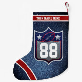 赤白と青のアメリカンフットボールのチームスポーツ スモールクリスマスストッキング (裏面)