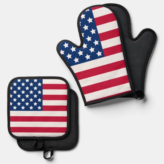 赤白と青のアメリカ国旗の星ストライプ数 鍋つかみ&鍋敷きセット (正面/裏面)