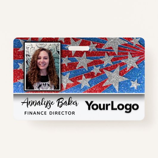 赤白と青のグリッターUSA選挙写真名 バッジ (正面)
