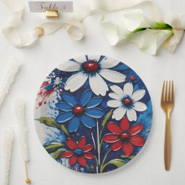 赤白と青のデイジーフローラ ペーパープレート
