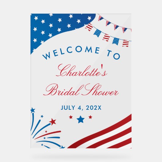赤白と青の愛国的なブライダルシャワーへようこそ アクリルサイン (正面)