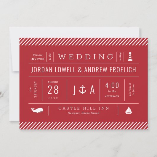 赤白と青の航海のビーチ結婚式 案内状 (正面)