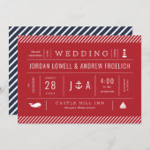 赤白と青の航海のビーチ結婚式 案内状 (正面/裏面)