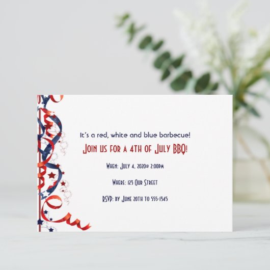 赤白と青の7月4日リボンと星 招待状 (スタンド正面)