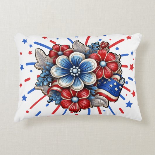 赤白と青7月4日の愛国的な花 アクセントクッション (正面)
