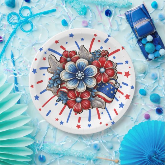 赤白と青7月4日の愛国的な花 ペーパープレート (パーティー)