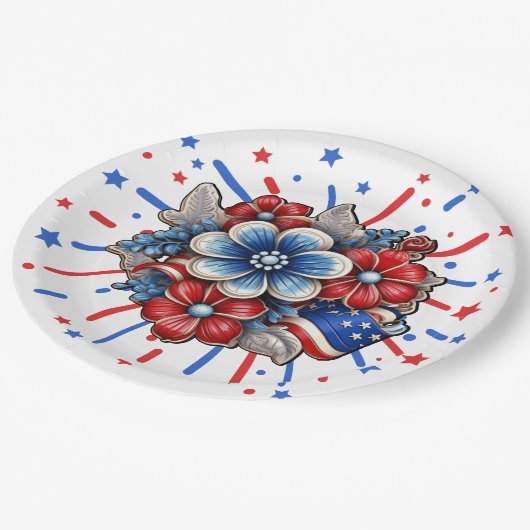赤白と青7月4日の愛国的な花 ペーパープレート (アングル)