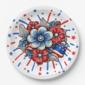 赤白と青7月4日の愛国的な花 ペーパープレート (正面)