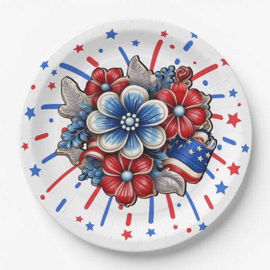 赤白と青7月4日の愛国的な花 ペーパープレート (正面)