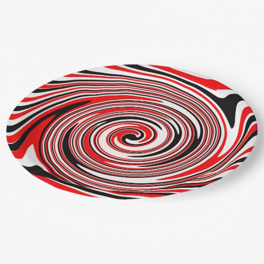 赤白と黒のサイケデリックデザイン ペーパープレート (アングル)