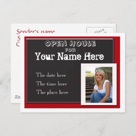 赤白と黒の卒業式オープンハウスinvitati インビテーションポストカード (正面/裏面)