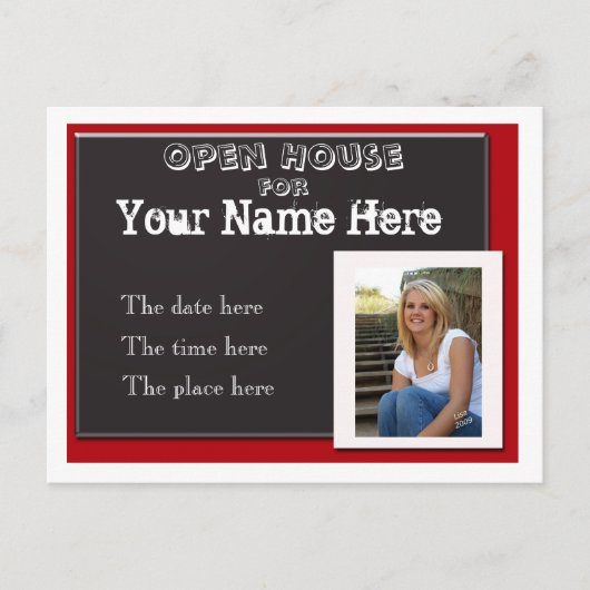 赤白と黒の卒業式オープンハウスinvitati インビテーションポストカード (正面)