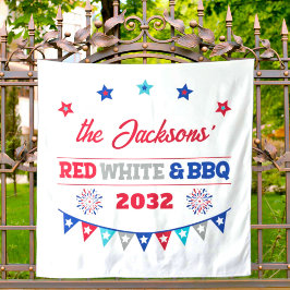 赤白とBBQ 4thジュライ 家族名 花火 タペストリー