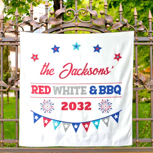 赤白とBBQ 4thジュライ 家族名 花火 タペストリー