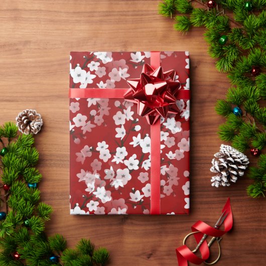 赤白のさくらんぼの花模様  ラッピングペーパー (クリスマスギフト)