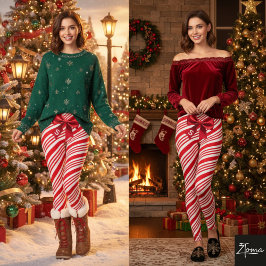 赤白のキャンディケインの対角ストライプとリボン レギンス