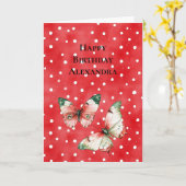 赤白のドット 赤緑の蝶の誕生日 カード (黄色い花)