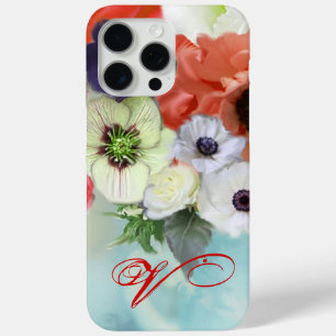 赤白のバラとアネモネの花のモノグラム iPhone 15 PRO MAXケース