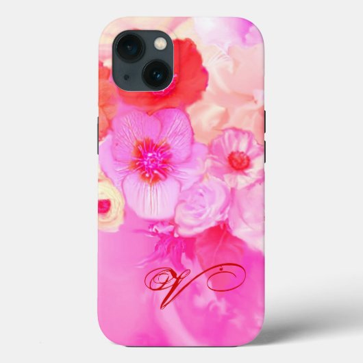 赤白のバラとピンクのアネモネの花のモノグラム Case-Mate iPhoneケース (裏面)