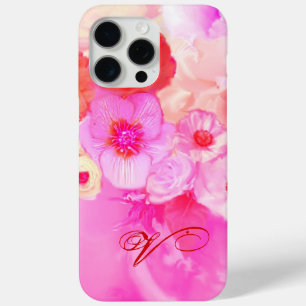 赤白のバラとピンクのアネモネの花のモノグラム iPhone 15 PRO MAXケース
