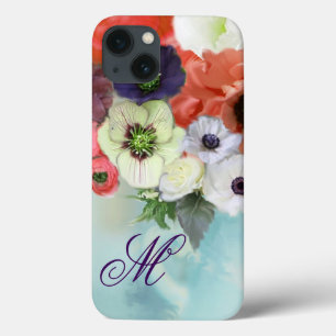 赤白のバラ、青いアネモネの花のイニシャル iPhone 13ケース