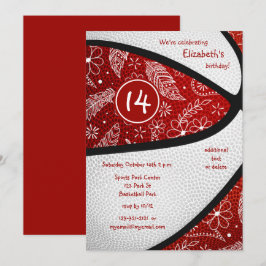 赤白のペイズリー ドゥードル ガールズ バスケットボール パーティー 招待状