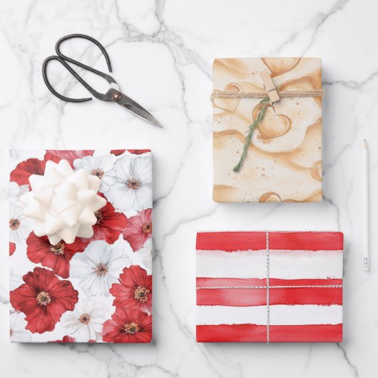 赤白の花とハートの砂の結婚前お披露目パーティー ラッピングペーパーシート (正面)