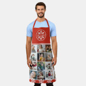 赤白の雪片写真コラージュクリスマス エプロン (着用した状態)