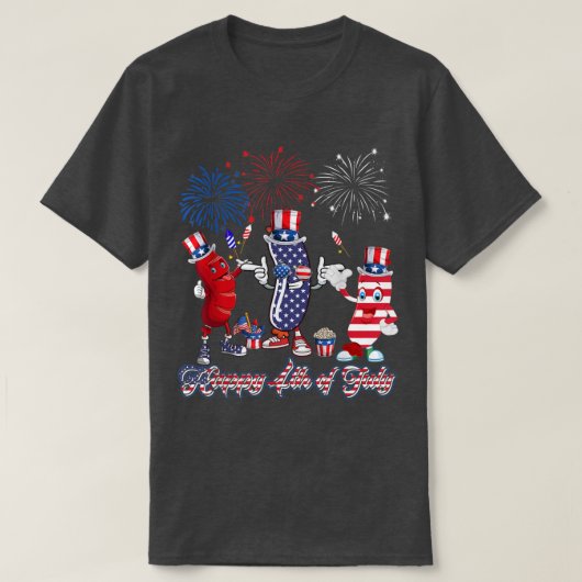 赤白の3つのソーセージと青いソーセージの花火 Tシャツ (デザイン正面)