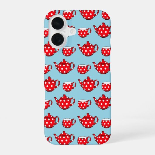 赤白まだら急須とカップの青い模様 iPhone 16ケース (裏面)