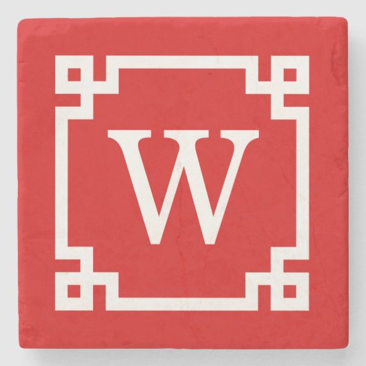 赤白ギリシャ鍵フレーム#2イニシャルモノグラム ストーンコースター (正面)