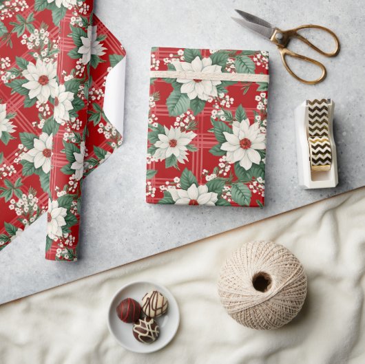 赤白ギンガムチェックフローラポインセチア模様 ラッピングペーパー (クラフト)