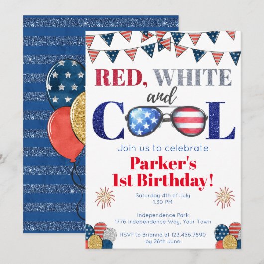 赤白クールな7月4日誕生日 招待状 (正面/裏面)