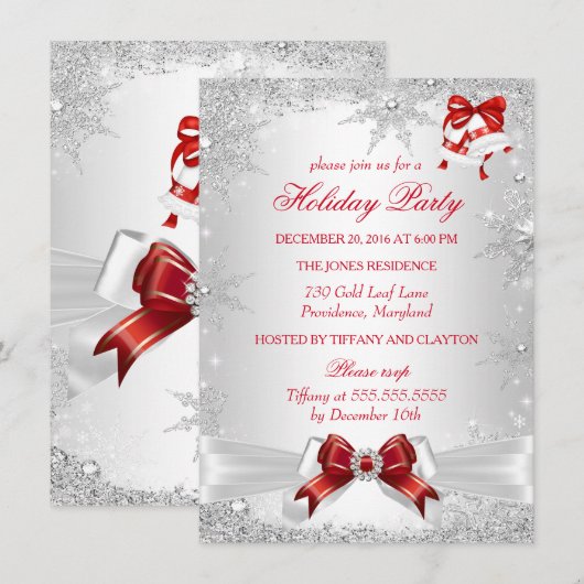 赤白シルバー ウィンター ワンダーランド ホリデー パーティー 招待状 (正面/裏面)