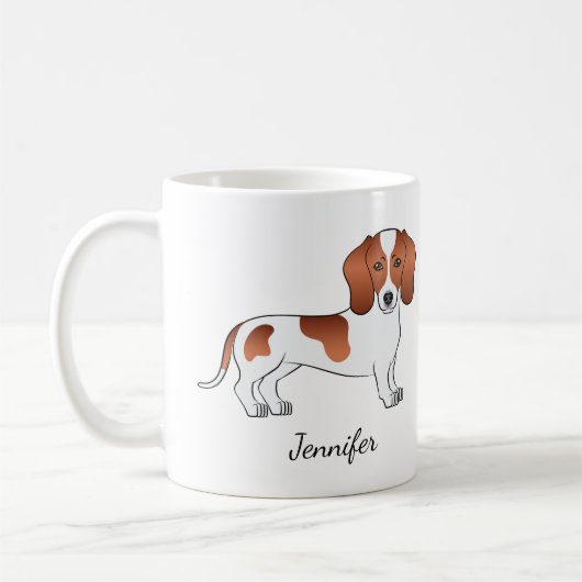 赤白スムースコートダックスフンドのカートゥーン犬+名前 コーヒーマグカップ (左)