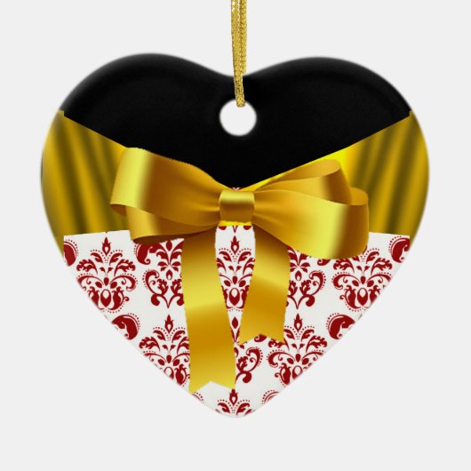 赤白ダエレガントマスク金ゴールドリボンモノグラム セラミックオーナメント (正面)