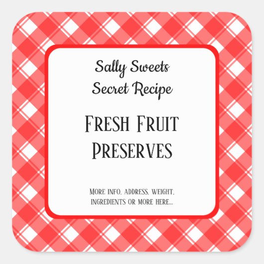 赤白チェック柄 レトロ オーダーメイド 缶詰またはレシピ スクエアシール (正面)