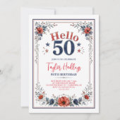 赤白ブルーフローラル50歳の誕生日招待状 招待状 (正面)
