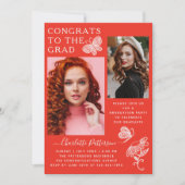 赤白モダン蝶の写真卒業パーティー 招待状 (正面)