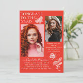 赤白モダン蝶の写真卒業パーティー 招待状 (スタンド正面)