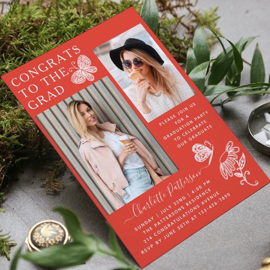 赤白モダン蝶の写真卒業パーティー 招待状