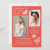 赤白モダン蝶の写真卒業パーティー 招待状 (正面)