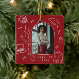 赤白レトロ手描き写真卒業 セラミックオーナメント