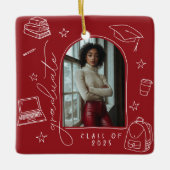 赤白レトロ手描き写真卒業 セラミックオーナメント (正面)