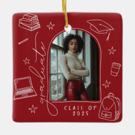 赤白レトロ手描き写真卒業 セラミックオーナメント
