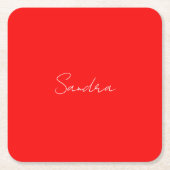 赤白手書きミニマリストあなたの名前 スクエアペーパーコースター (正面)