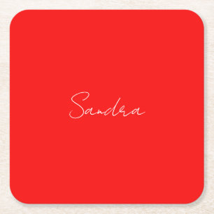 赤白手書きミニマリストあなたの名前 スクエアペーパーコースター